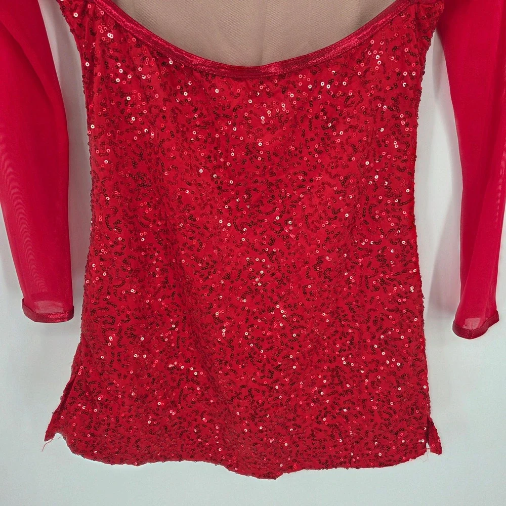 Balera Red Sequin Dance Leotard Dress Long Mesh Sleeve Mock Neck LC Kids